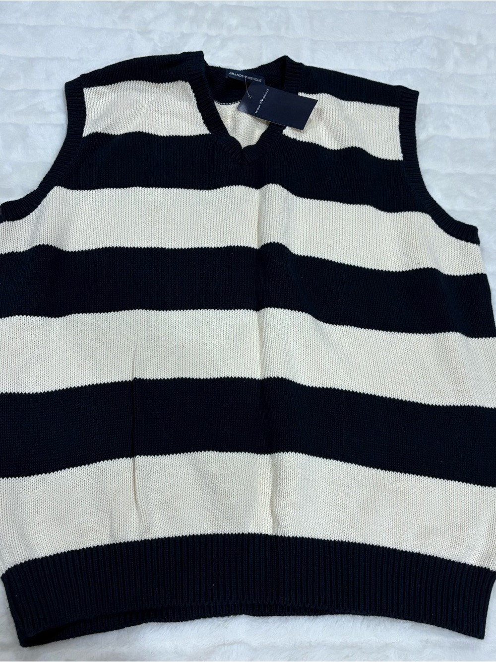 Brandy Melville Navy Blue & Cream Striped V-Neck Sweater Vest
